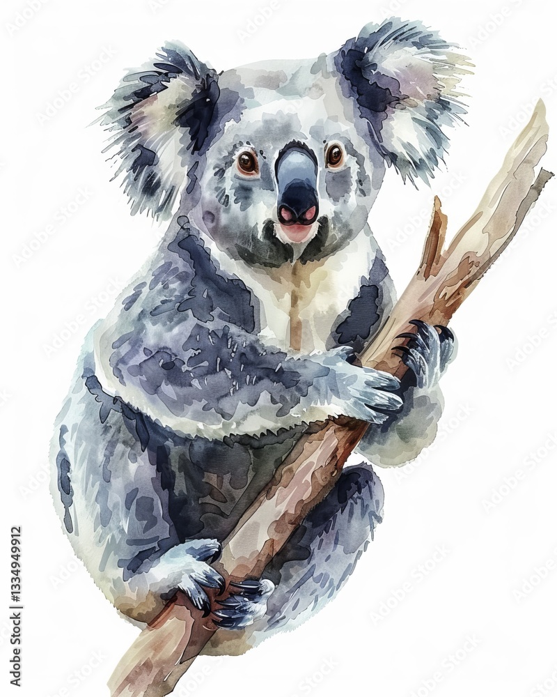 Obraz premium Watercolor painting of a cute koala bear sitting on a tree branch isolated on a white background, showcasing its fluffy ears and gentle expression