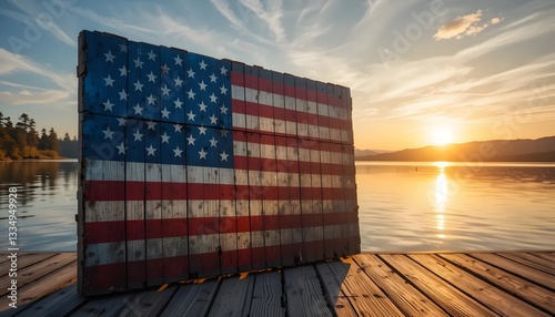 American flag on a floating dock during a sunset over a tranquil lake symbolizing freedom and national pride