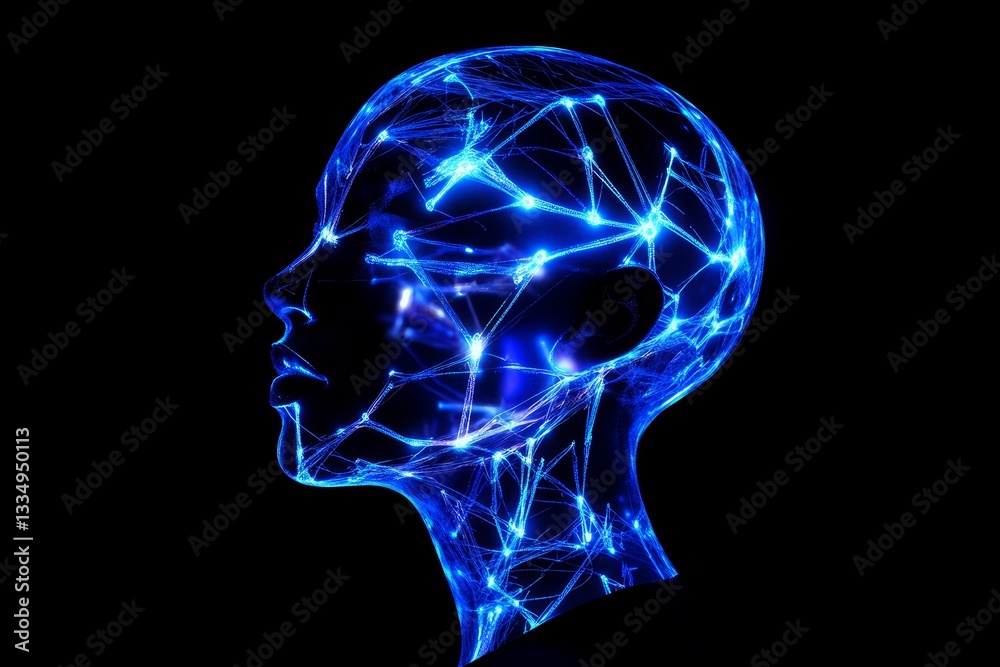 Silhouette: Mind's Network - A silhouette of a human head, illuminated by a network of glowing connections, symbolizing intellect, consciousness, neural pathways, innovation Silhouette: Mind's Network - A silhouette of a human head, illuminated by a network of glowing connections, symbolizing intellect, consciousness, neural pathways, innovation