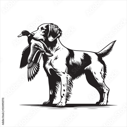 Vector illustration of a black and white cartoon dog running in silhouette with a wild and sketchy style
