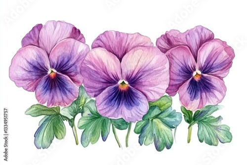 Watercolor Pansy Flowers Arrangement with Green Leaves, Delicate Floral Illustration with Purple Shades, Perfect for Spring or Summer Design Projects