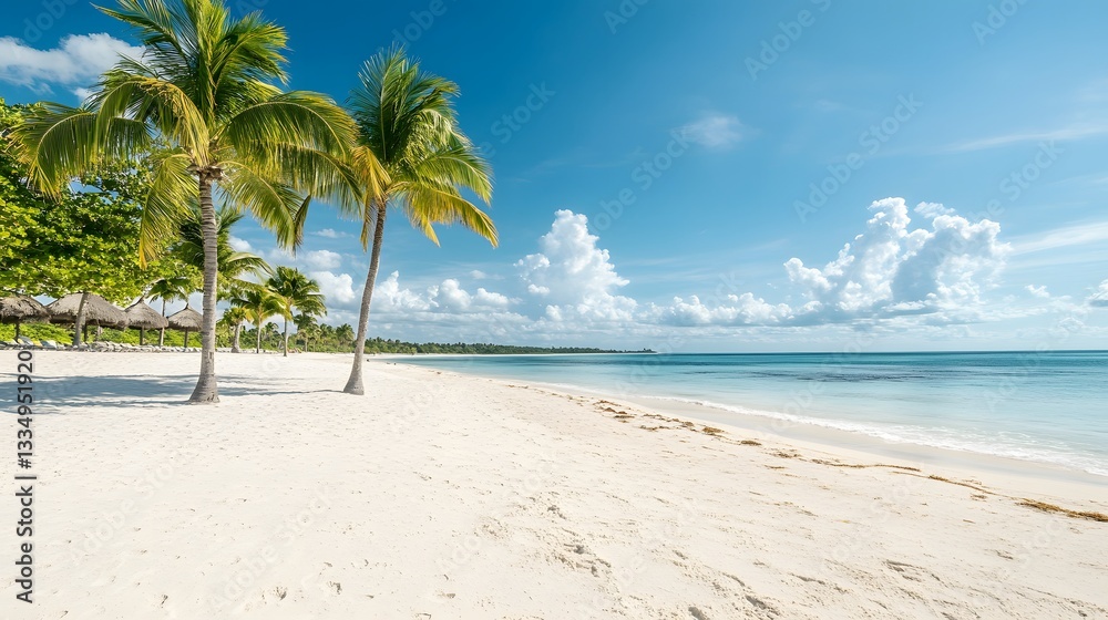 Fototapeta premium Idyllic Tropical Beach Scene White Sand Palm Trees Azure Ocean