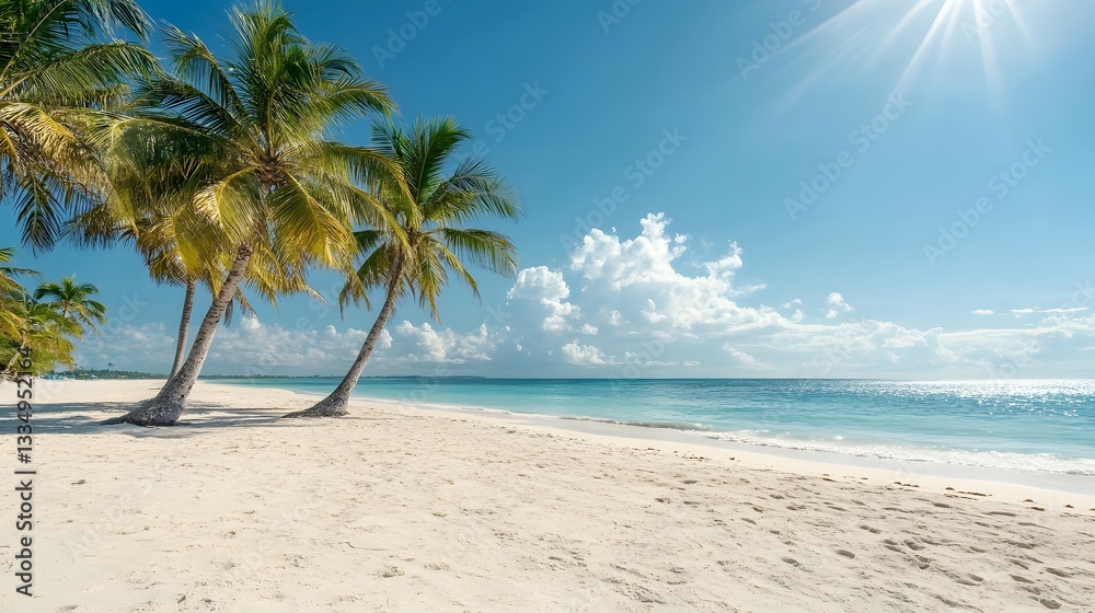 Idyllic Tropical Beach Scene Palm Trees White Sand Turquoise Ocean Sunny Day Idyllic Tropical Beach Scene Palm Trees White Sand Turquoise Ocean Sunny Day