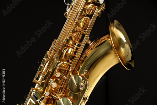 Tableau sur toile Jazz. One beautiful saxophone on black background, closeup
