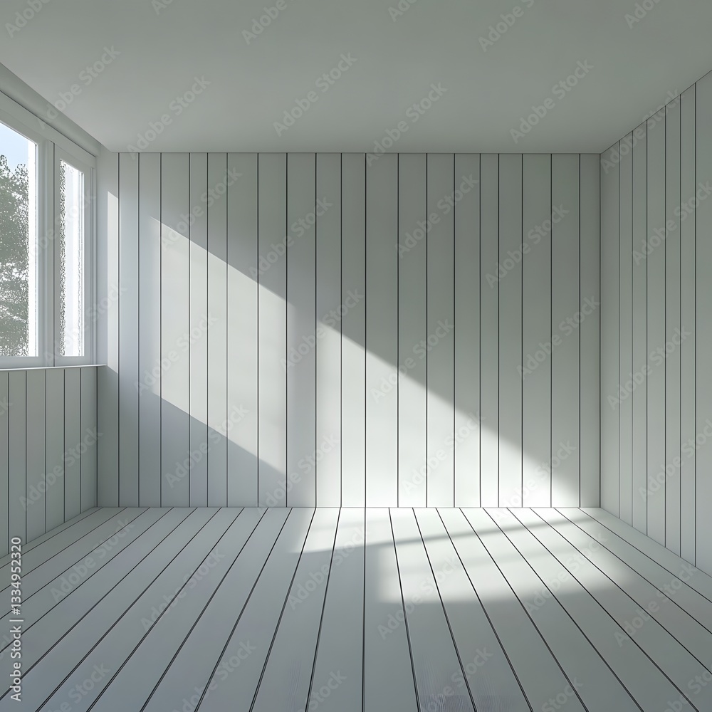 Fototapeta premium Empty Room with White Wood Walls and Floor Sunlight