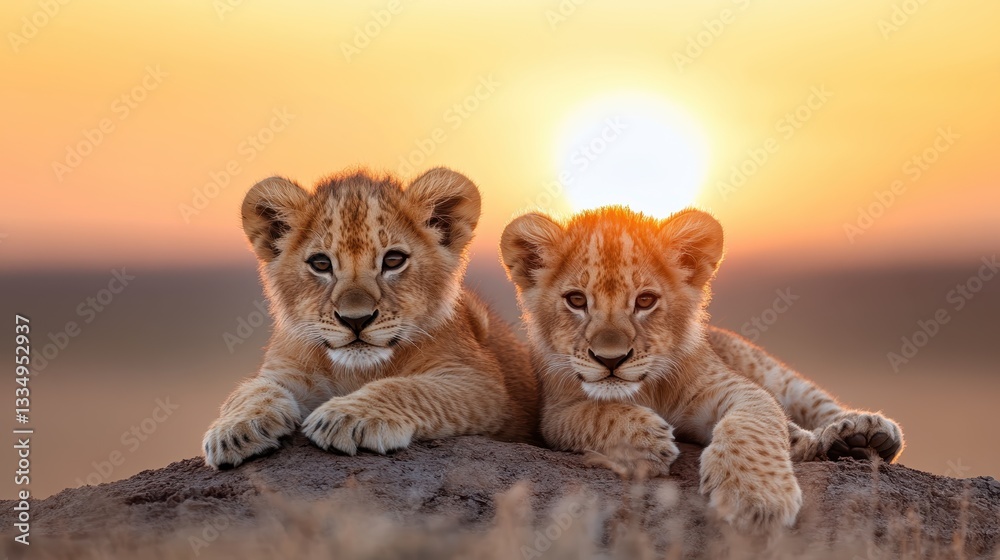 In a warm sunset glow, two adorable lion cubs lounge playfully together on a rocky outcrop, capturing the essence of youth and the beauty of wildlife in harmony.