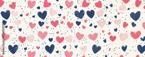 romantic seamless heart pattern vector in pink and navy with retro texture and playful design