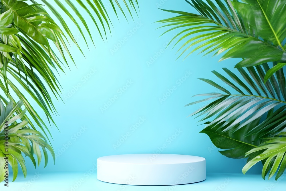 Tropical Paradise Display Platform - A light blue cylindrical platform sits amidst lush green tropical foliage against a light blue background, ideal for product displays or presentations Tropical Paradise Display Platform - A light blue cylindrical platform sits amidst lush green tropical foliage against a light blue background, ideal for product displays or presentations