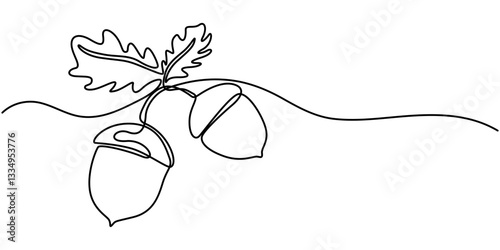 Acorn in one line black color on white background. Acorn design in line art style. Acorn icon design, One line art acorn. Single line art. Nature illustration for design, Acorn. Vector illustration.