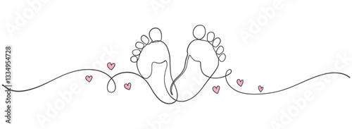 Continuous one line art drawing of little baby feet. Vector eps