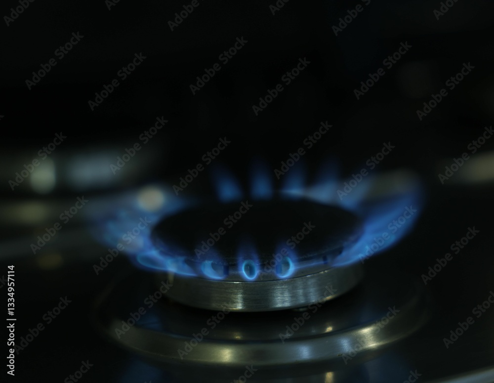 Gas burner with blue flame on stove, closeup Gas burner with blue flame on stove, closeup