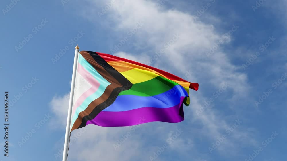 progress pride flag waving in the wind on a blue sky, new pride flag, lgbt flag, gay pride symbol, lgbtqia+ tall flagpole, lgbtqia, queer, realistic flag, symbol of the gay pride, tolerance, love	
