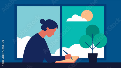 Mindful Journaling A serene image of someone writing in a journal at a sunlit table with nature visible outside the window emphasizing reflection and mindfulness without digital