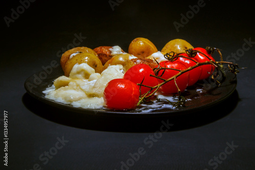 Roasted baby potatoes with creamy sauce and grilled cherry tomatoes
