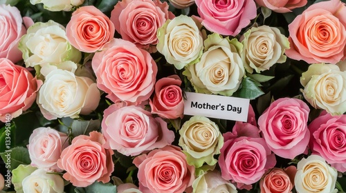 A vibrant array of pink and white roses, with a tag that reads 