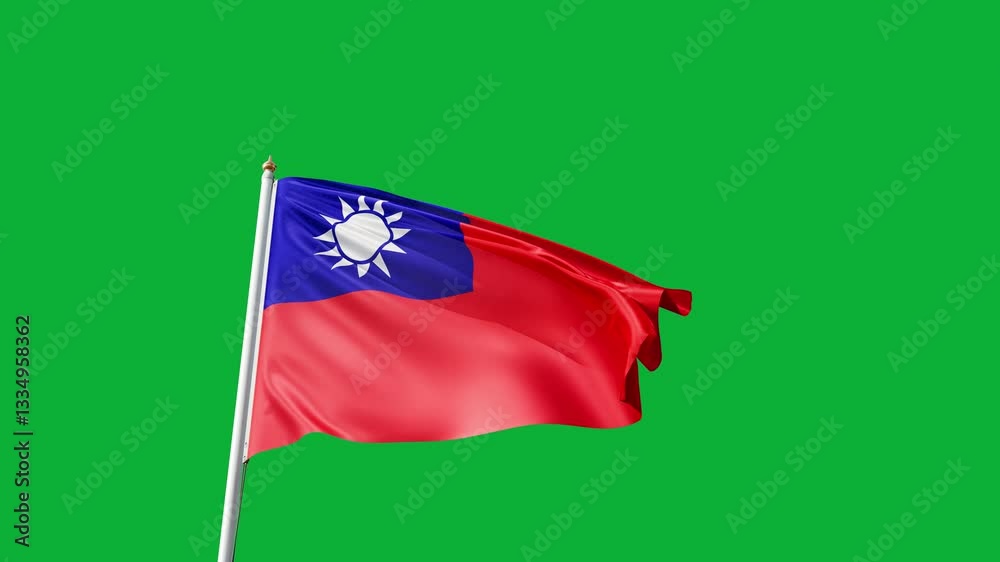 flag of taiwan on a green screen, no background, transparent background, waving in the wind, national symbol of taiwanese nation, asian country, tall flagpole, video of a flag