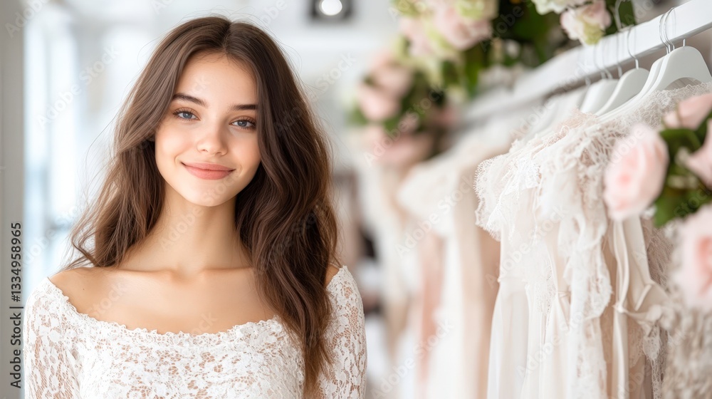 Naklejka premium A young woman smiles warmly, standing amidst beautiful dresses in a boutique decorated with flowers, This image is perfect for fashion retail, bridal wear promotions, or lifestyle blogs,