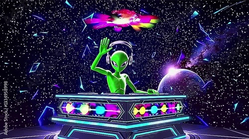 animation of an alien playing music on stage like a DJ