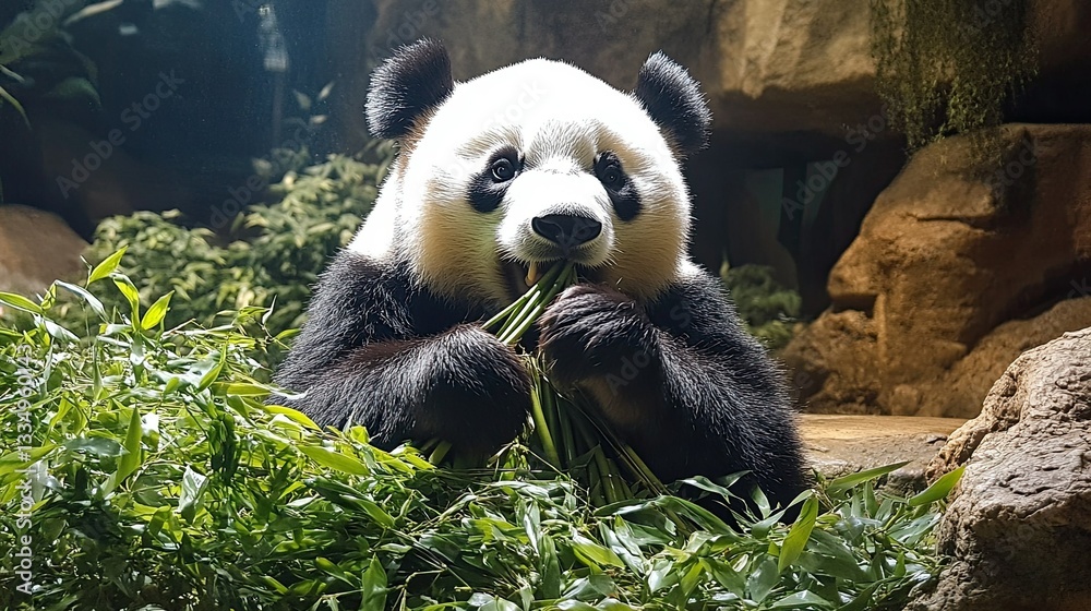 Obraz premium A panda munching bamboo in a tranquil forest.