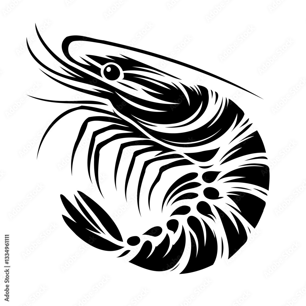 Obraz premium Vector black and white silhouette of a shrimp, made with minimalistic strokes