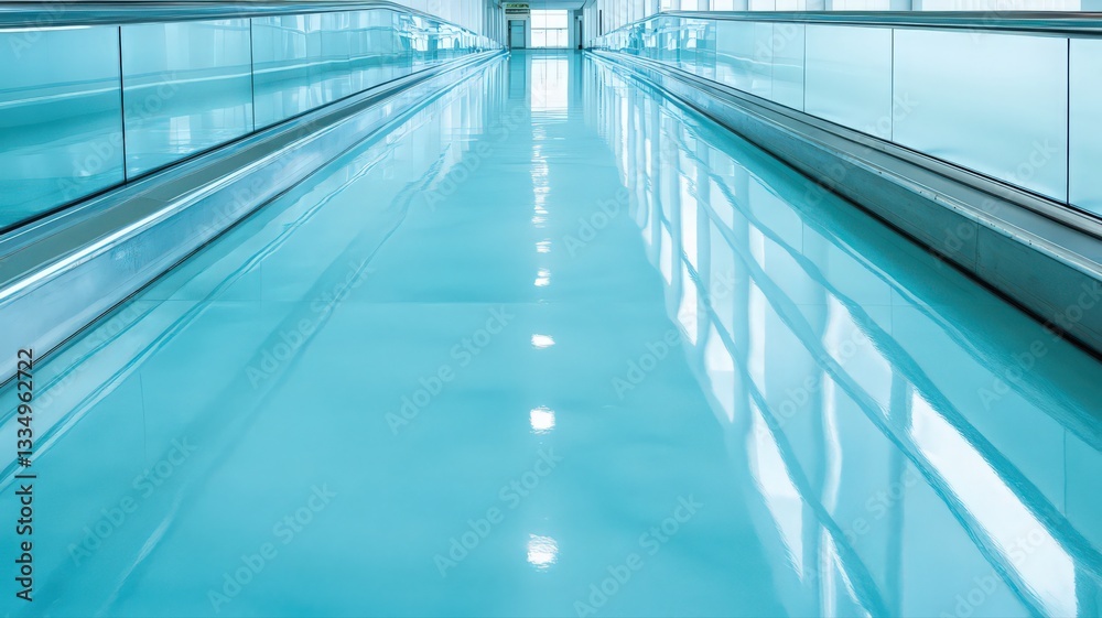 Bright Blue Polished Floor Reflecting Light in Modern Building Interior Bright Blue Polished Floor Reflecting Light in Modern Building Interior