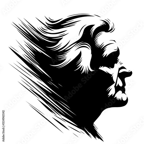 Vector black and white silhouette of an elderly man's head, made with minimalistic strokes