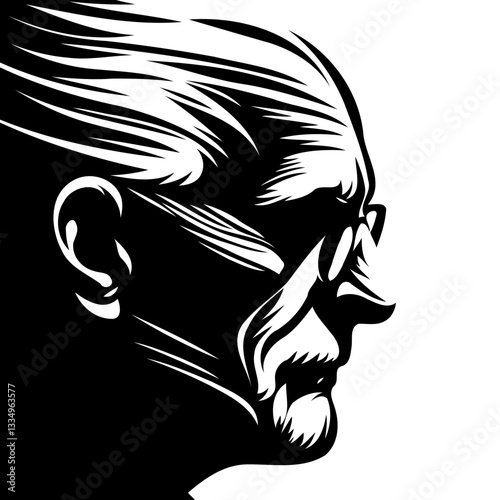 Vector black and white silhouette of an elderly man's head, made with minimalistic strokes