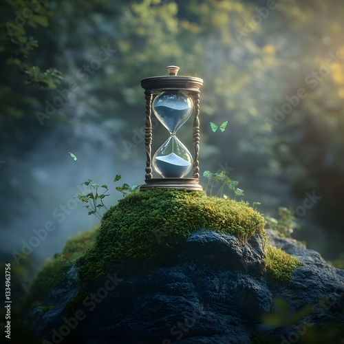 Mystical hourglass surrounded by lush greenery and soft light in an enchanted forest setting