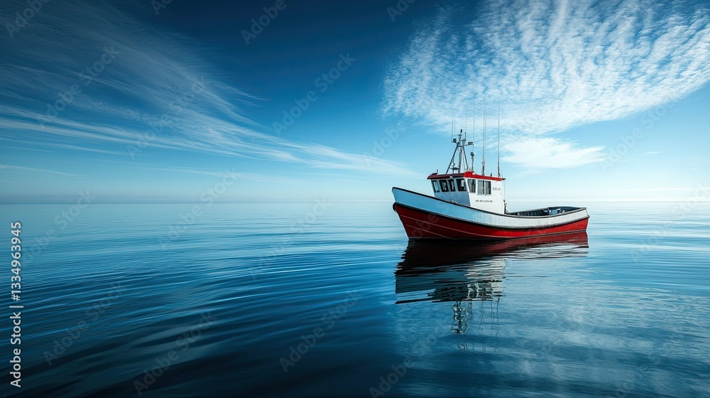 Fototapeta premium A peaceful fishing boat bobbing in the ocean, with a clear blue sky and a distant horizon.
