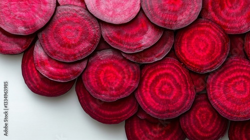 Overhead close up of fresh red beet slices on a white surface for culinary art.
