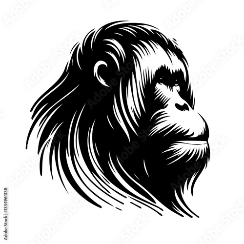 Vector black and white silhouette of an orangutan's head, made with minimalistic strokes
