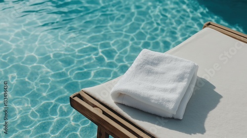 White towel folded neatly on top of a wooden lounge chair by a swimming pool. the chair is positioned on the edge of the pool, with the water visible in the background.