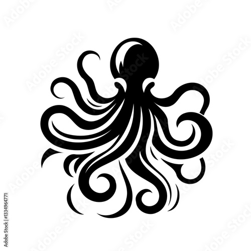 Vector black and white silhouette of an octopus, made with minimalistic strokes