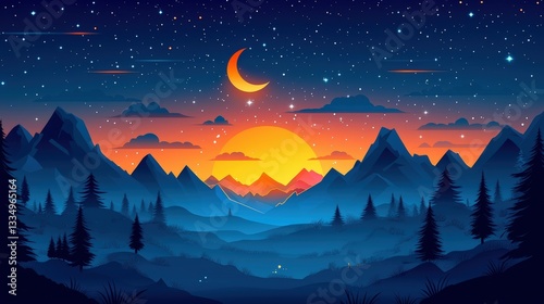 Serene Mountain Landscape Under Starry Sky with Sunset and Crescent Moon in Vivid Colors