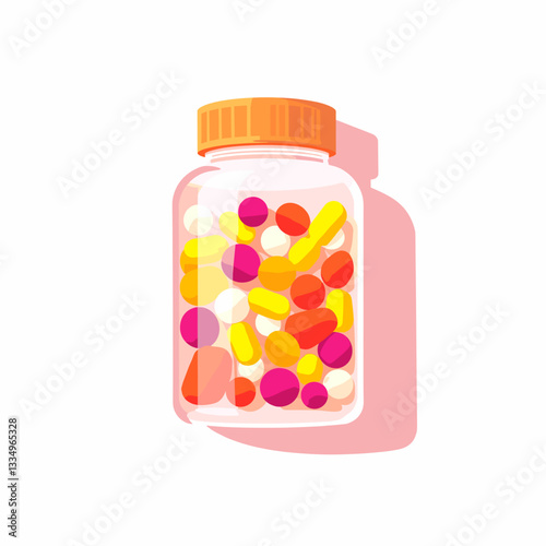 Colorful vitamins in clear bottle on white background, health enhancement