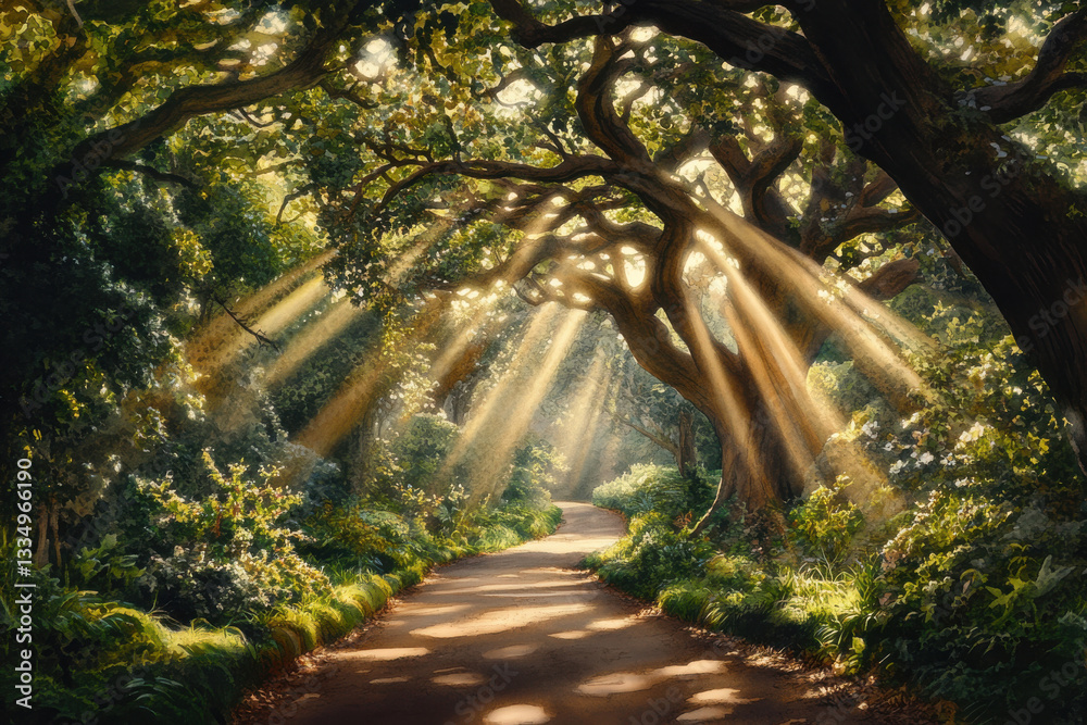 Sunlit forest path with golden rays streaming through lush green trees, creating serene Sunlit forest path with golden rays streaming through lush green trees, creating serene