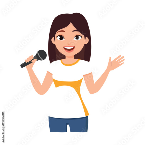 A girl with a microphone and a young woman singing a song.Flat hand-drawn cartoon character