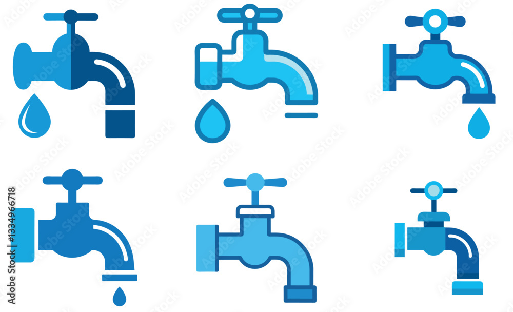 Six Blue Faucets with Water Dripping on a white background Six Blue Faucets with Water Dripping on a white background