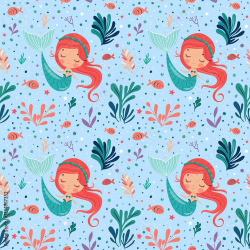 seamless pattern with a cute little mermaid with red hair, surrounded by fish, seaweed, corals, and bubbles. Children design