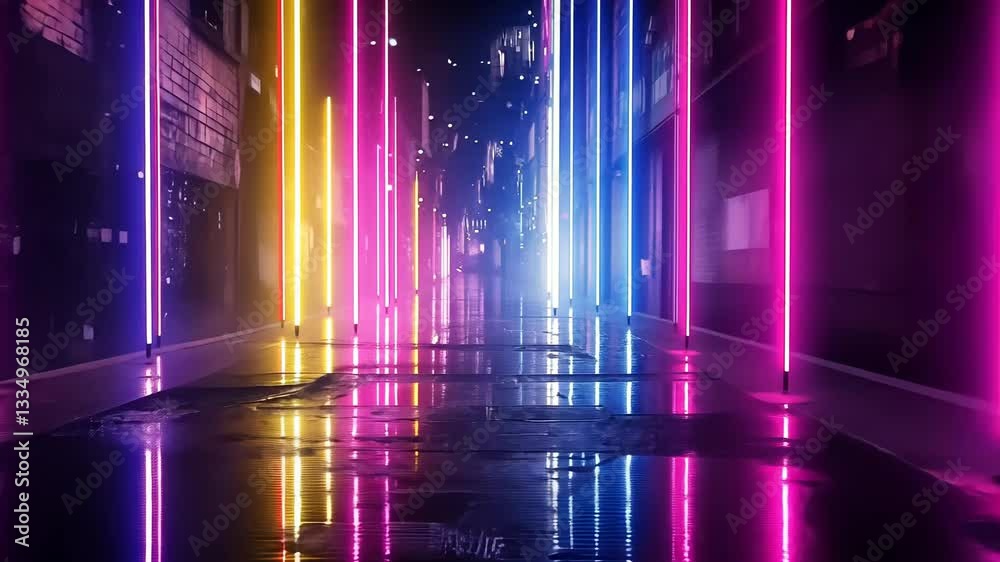 Neon alleyway.  Vibrant, colorful, and reflective neon lights create an electrifying tunnel effect.  Mirrored surface amplifies the glowing tubes.  Abstract and futuristic aesthetic