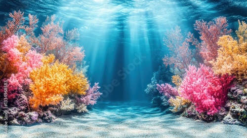 A colorful underwater garden filled with vibrant corals swaying gently in the current, illuminated by soft rays of sunlight breaking through the surface