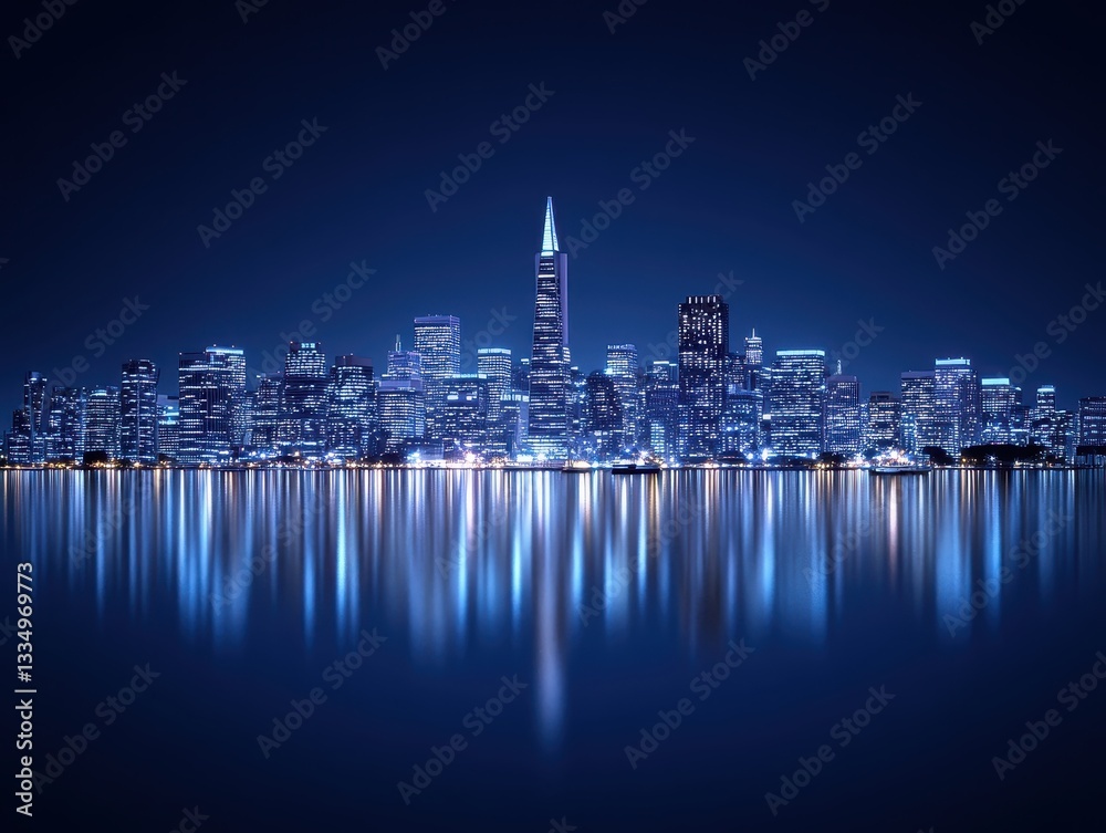 Obraz premium Nighttime skyline of a vibrant city reflecting on calm waters, showcasing modern architecture