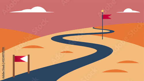 Pathway to Fulfillment A winding path leading towards a bright horizon with signposts along the way representing various goals and passions illustrating the journey towards finding