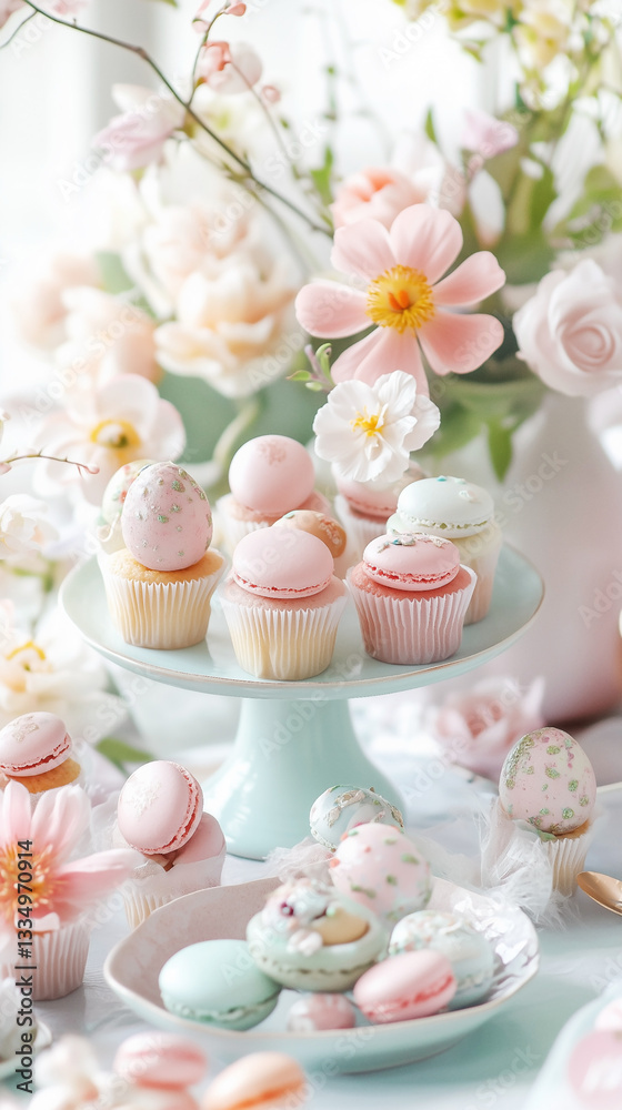 Pastel Easter Dessert Table with Cupcakes and Macarons Pastel Easter Dessert Table with Cupcakes and Macarons