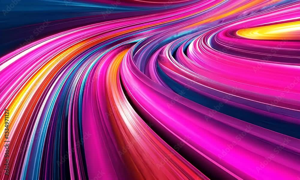 A swirling abstract artwork of flowing, colorful light streams, creating vibrant visual motion.