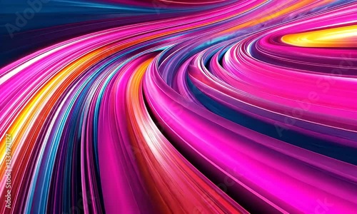 A swirling abstract artwork of flowing, colorful light streams, creating vibrant visual motion.