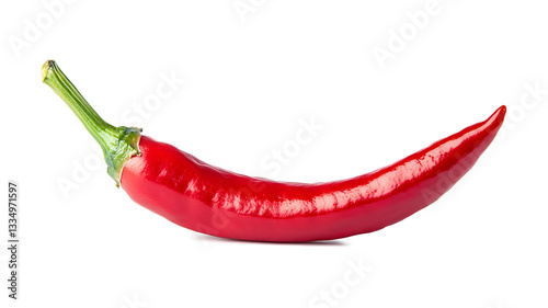 A red chili pepper is shown in its natural form. The pepper is long and slender, with a green stem at the top. Concept of freshness and natural beauty