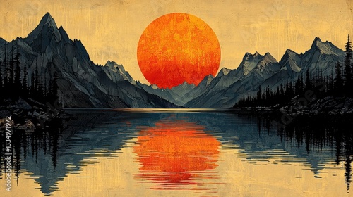 Majestic Sunset Over Serene Lake and Mountain Landscape with Dramatic Reflections in Water