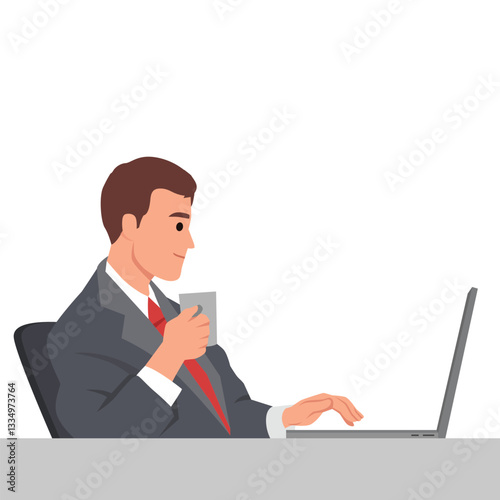 Professional man in a suit enjoys a coffee while working on his laptop, productivity. Flat vector illustration isolated on white background