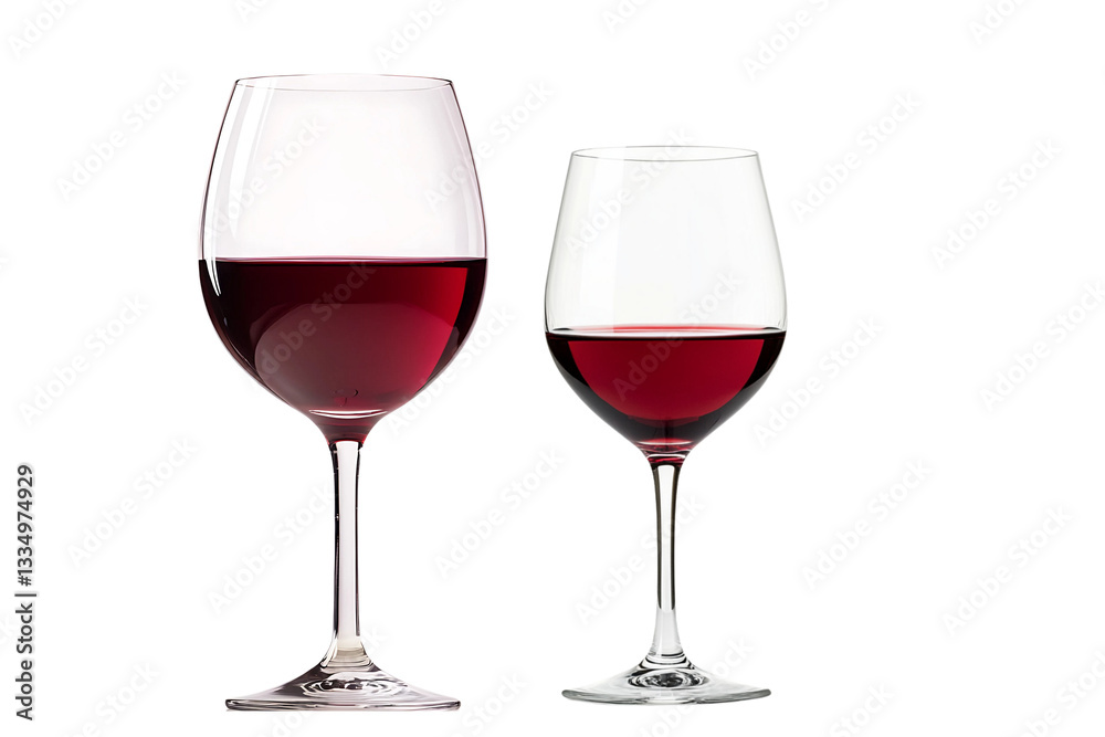 Two wine glasses filled with red wine standing side by side on a white background 